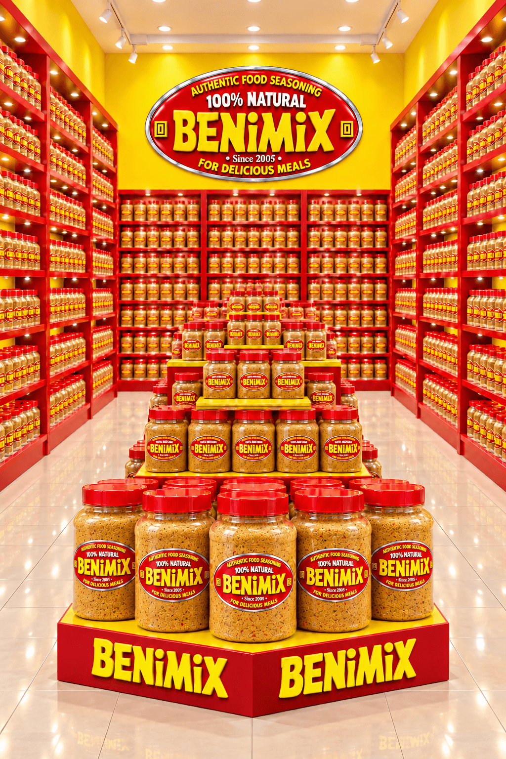 Symmetrical store display of BENiMiX food seasoning jars on red shelves with a central pyramid.