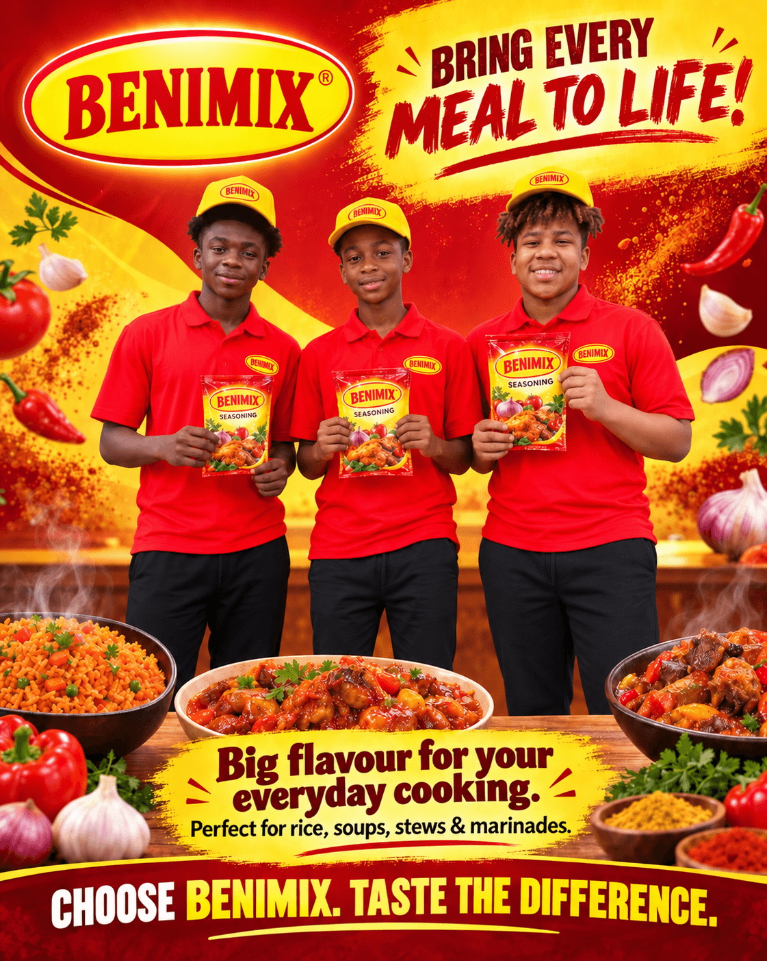 Three men holding Benimix seasoning packets behind bowls of rice and stew in an advertisement.