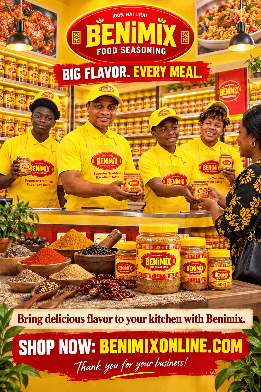 Staff in yellow uniforms selling Benimix food seasoning to a customer at a spice counter.