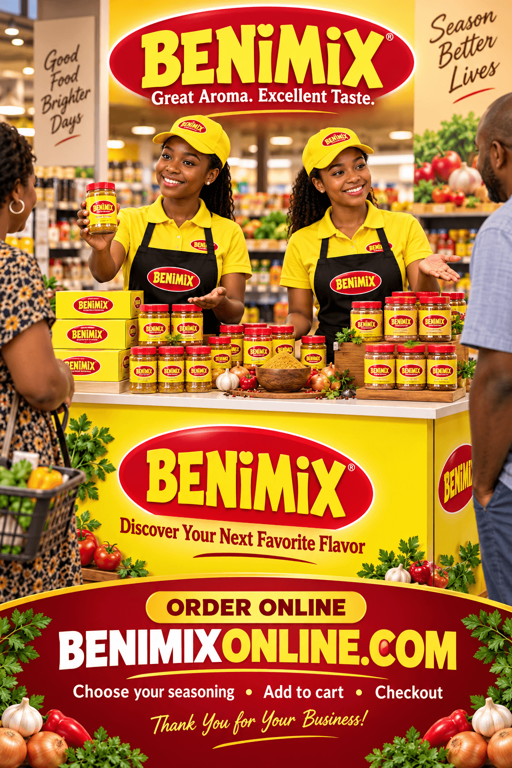 Two women in yellow uniforms promote Benimix seasoning jars at a grocery store display booth.