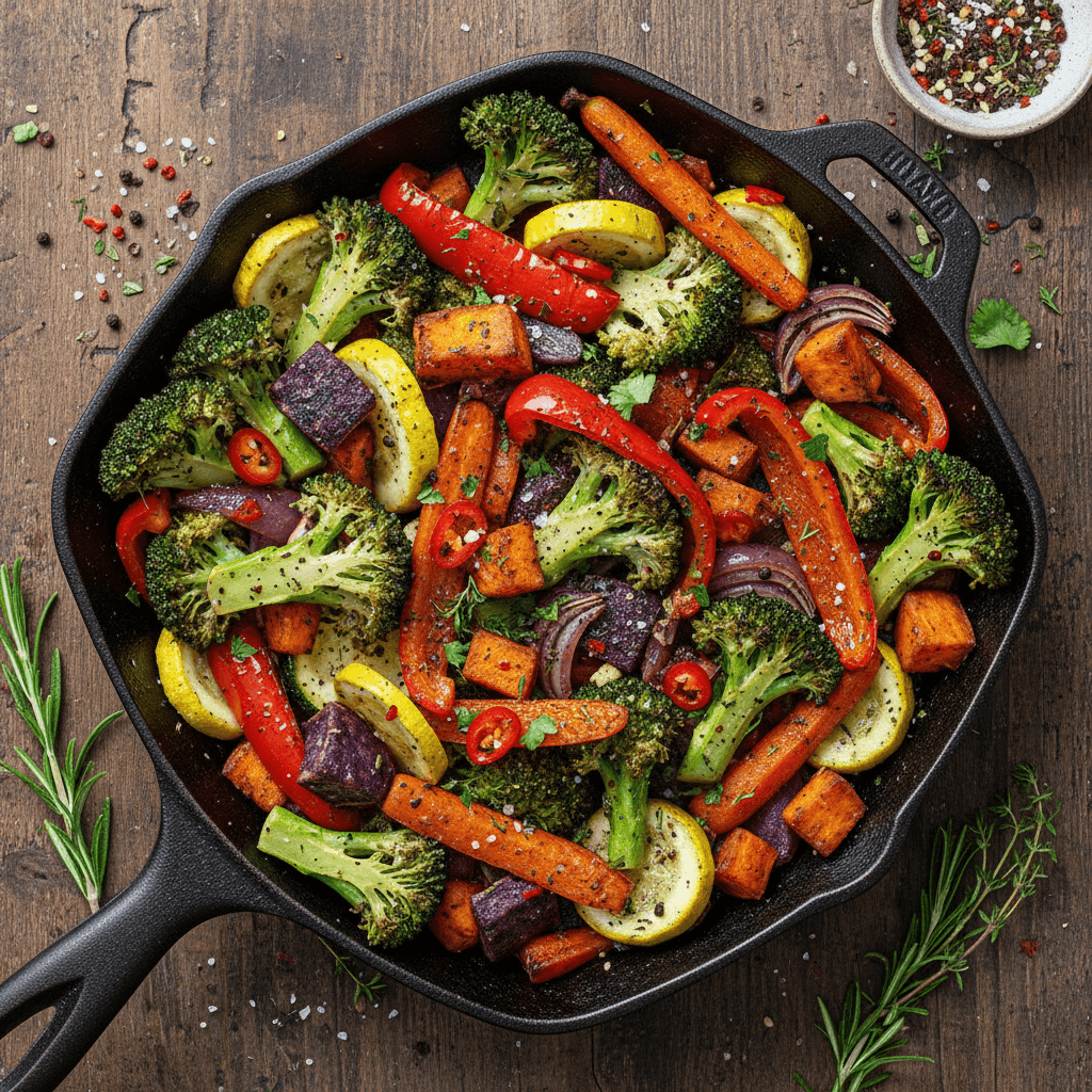 Colorful roasted vegetables with seasoning in a cast iron skillet