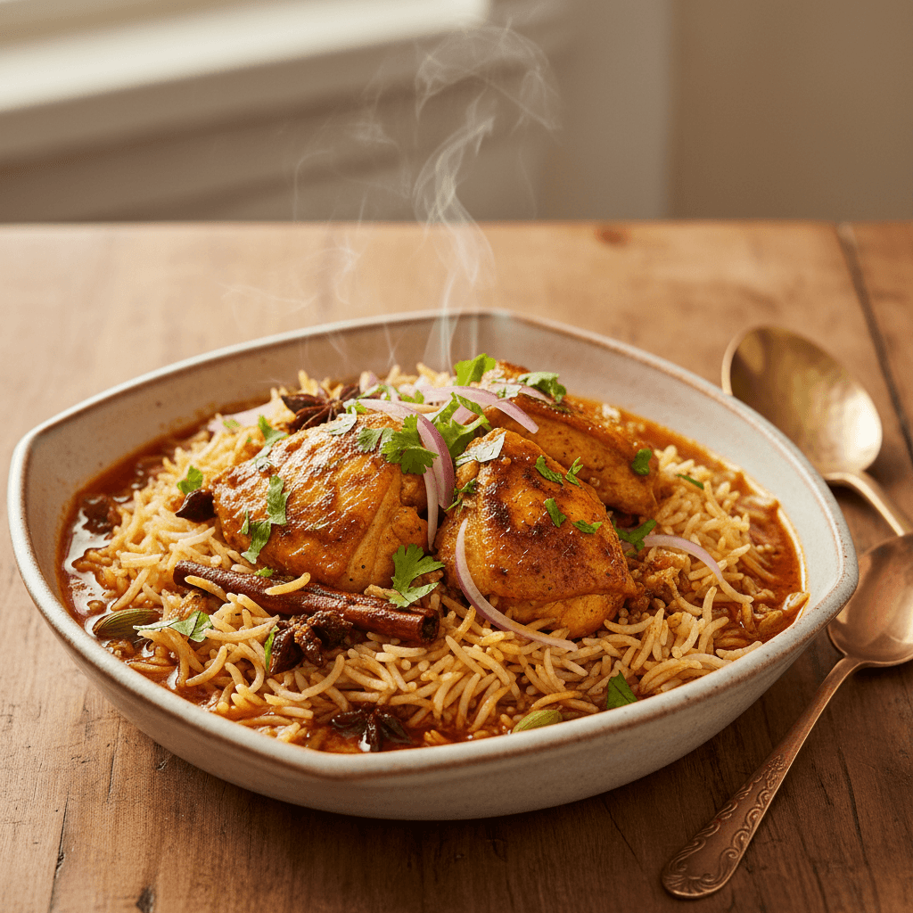 Fluffy steamed rice seasoned with Benimix spices in a serving bowl