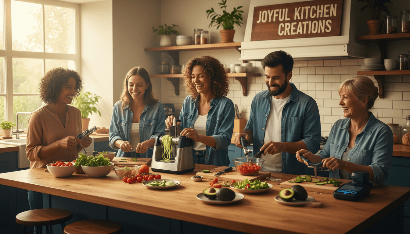 Family cooking together in a warm home kitchen with colorful spices