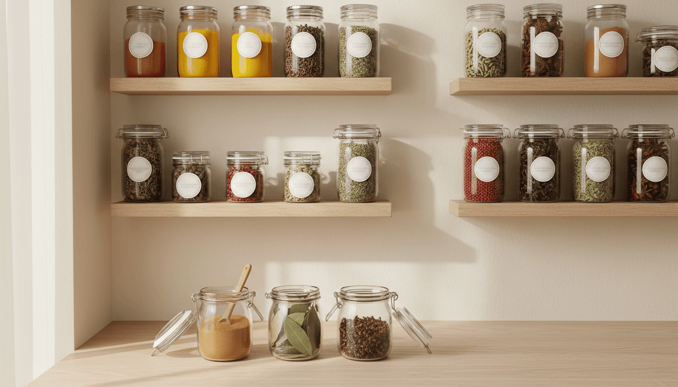 Colorful spice jars and fresh ingredients on a kitchen table