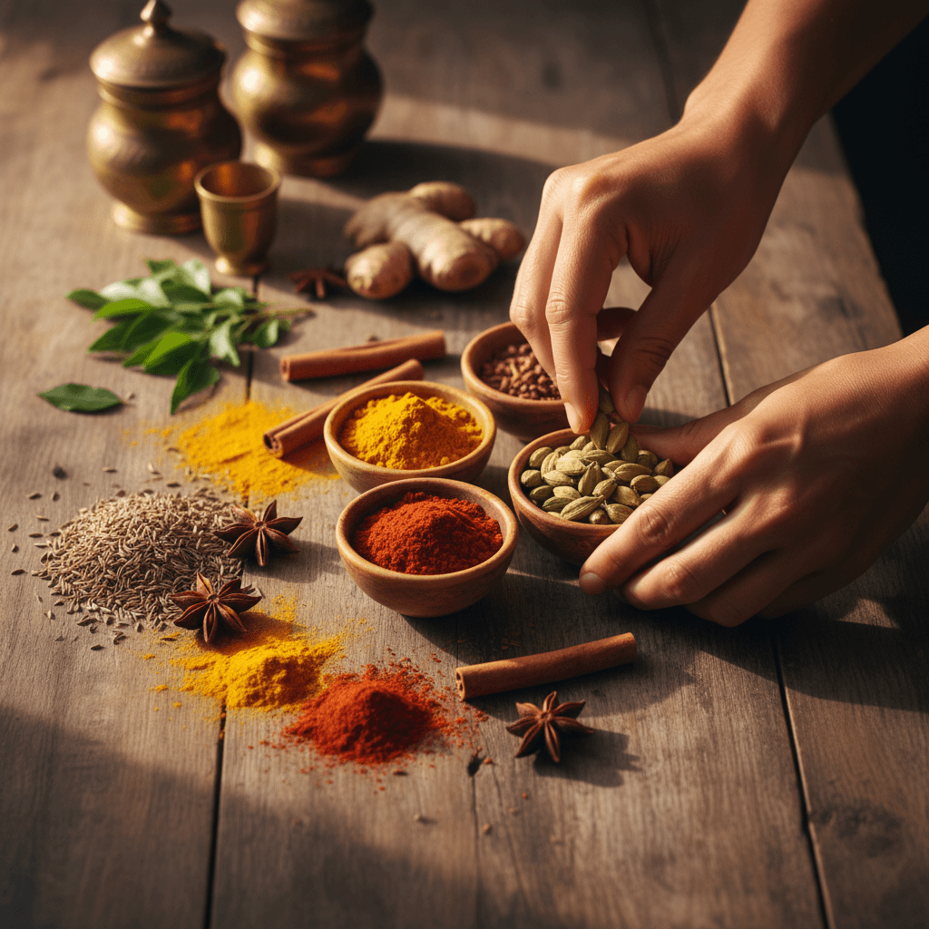 Wooden bowls filled with colorful Benimix seasoning blends surrounded by fresh herbs on a rustic kitchen table