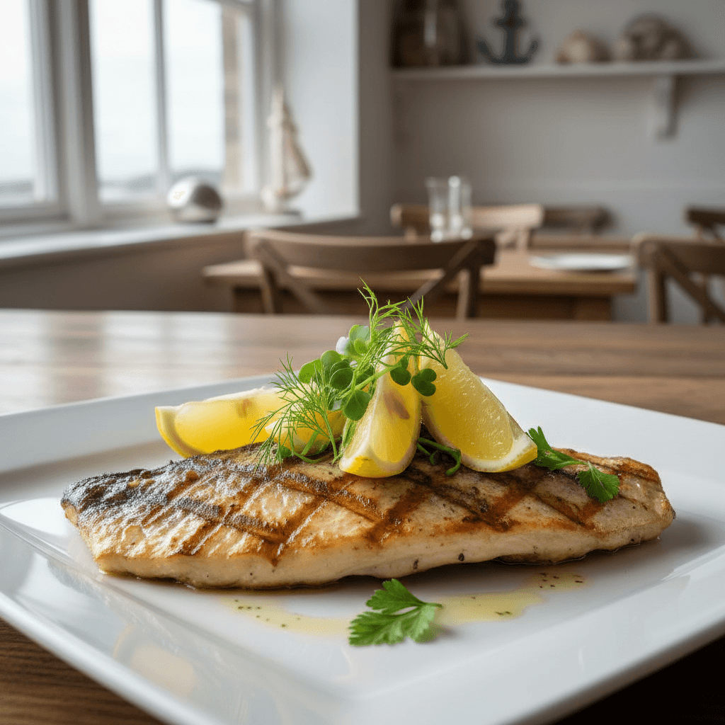 Grilled fish fillet seasoned with Benimix and lemon on a plate